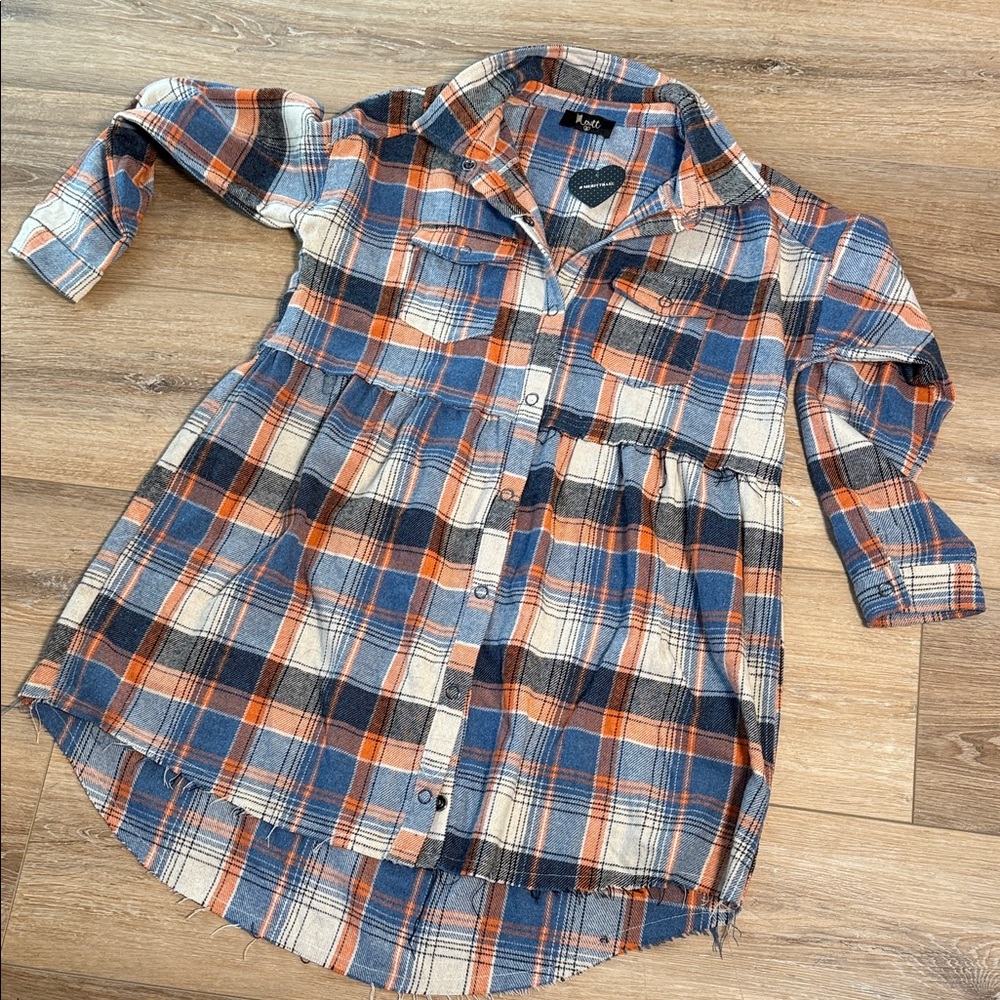 Blue and Orange Plaid Button Mini Dress/Tunic